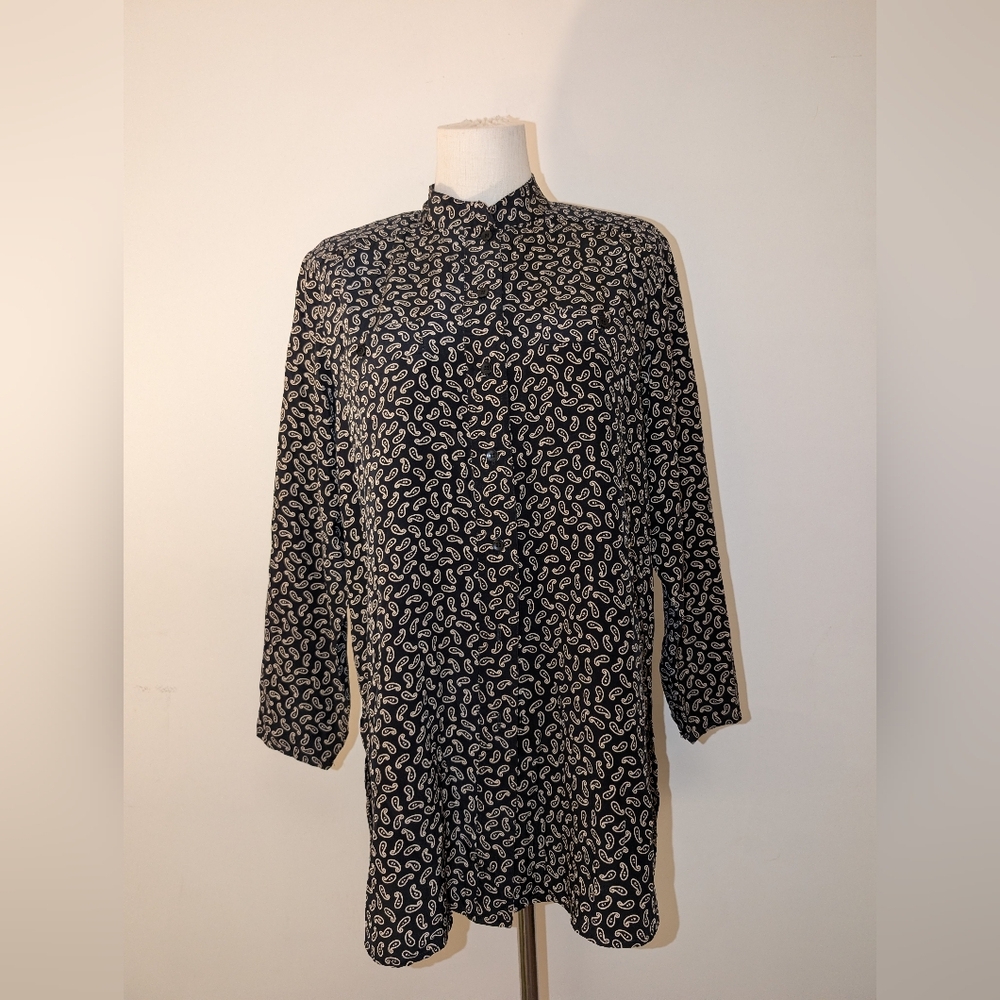 Black Paisley 100% Silk Collarless Button Down